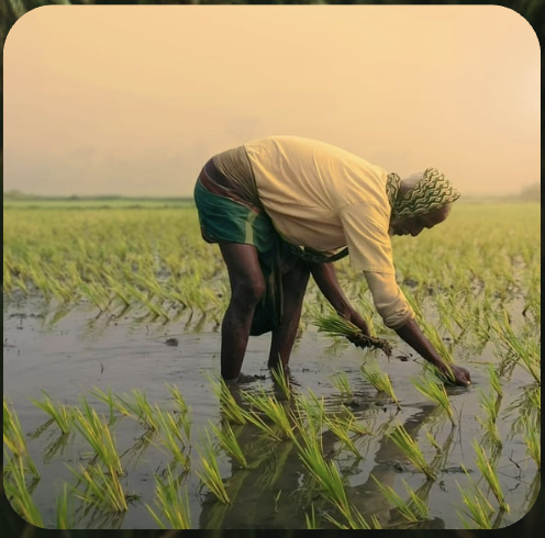 Farmer working in a rice paddy field